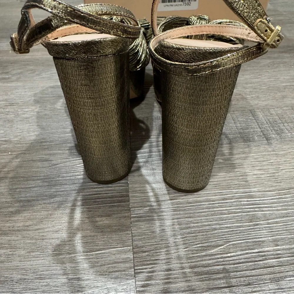 Loeffler Randall Natalia Fabric Pleated Bow Gold Platform Sandal Heels